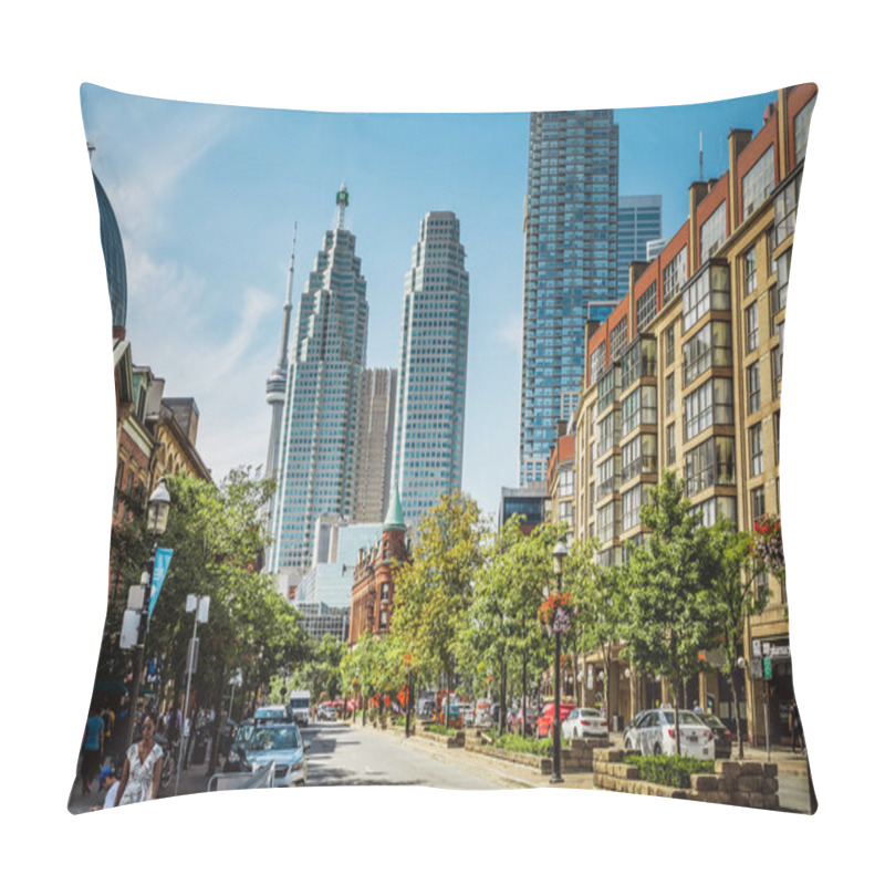 Personality  TORONTO, CANADA - SEPTEMBER 17, 2018: Rush Hour AtToronto's Busiest Intersections. Financial District At The Background. Pillow Covers