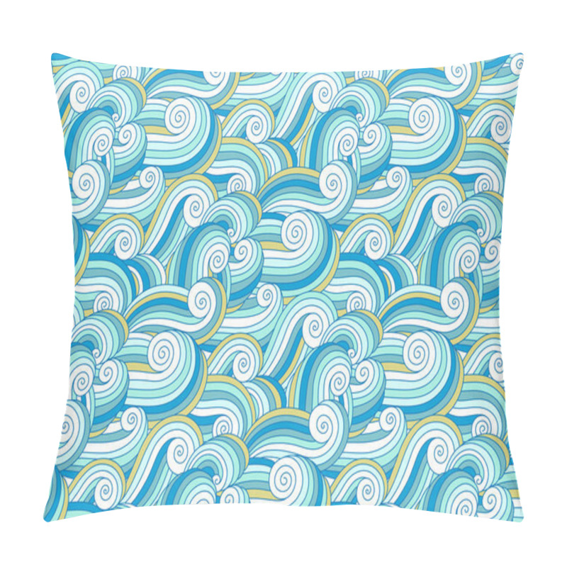 Personality  Marine Sea Waves Seamless Pattern. Abstract Whimsical Doodle Wavy Background. Nautical Deep Blue Colorful Curls And Swirls Summer Wallpaper. Pillow Covers