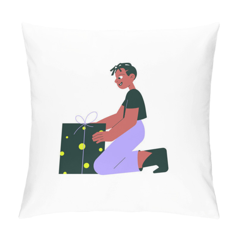 Personality  A Boy Unwrapping A Surprise Gift Box, Symbolizing Excitement And A Special Occasion. Flat Vector Illustration, Isolated On White. Pillow Covers