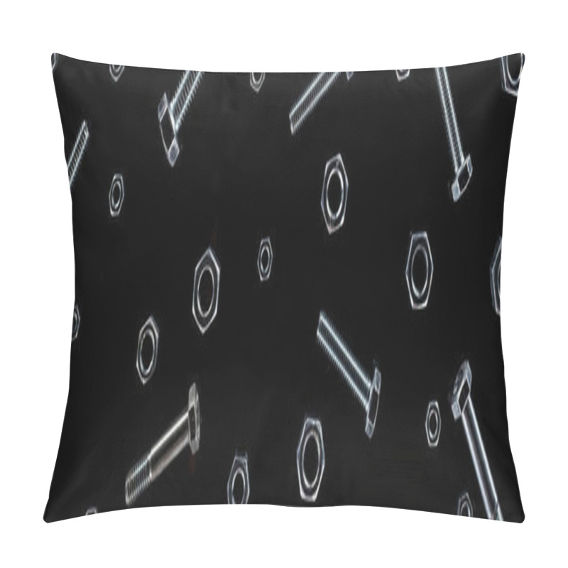 Personality  Panoramic Shot Of Scattered Metal Bolts And Nuts Pattern Isolated On Black Pillow Covers