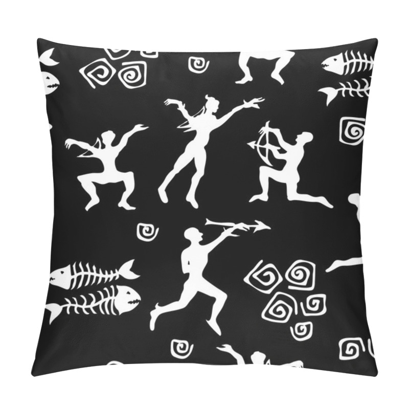 Personality  Prehistorical Hunters. Stylized Cave Art Painting. Pillow Covers