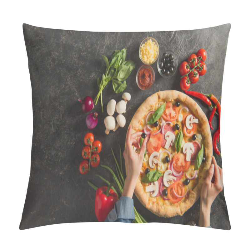 Personality  Cropped Shot Of Woman Putting Black Olives On Italian Pizza On Dark Tabletop Pillow Covers