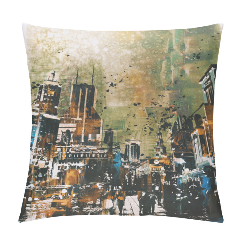 Personality  Crowd Of Walking People In The City With Buildings Pillow Covers