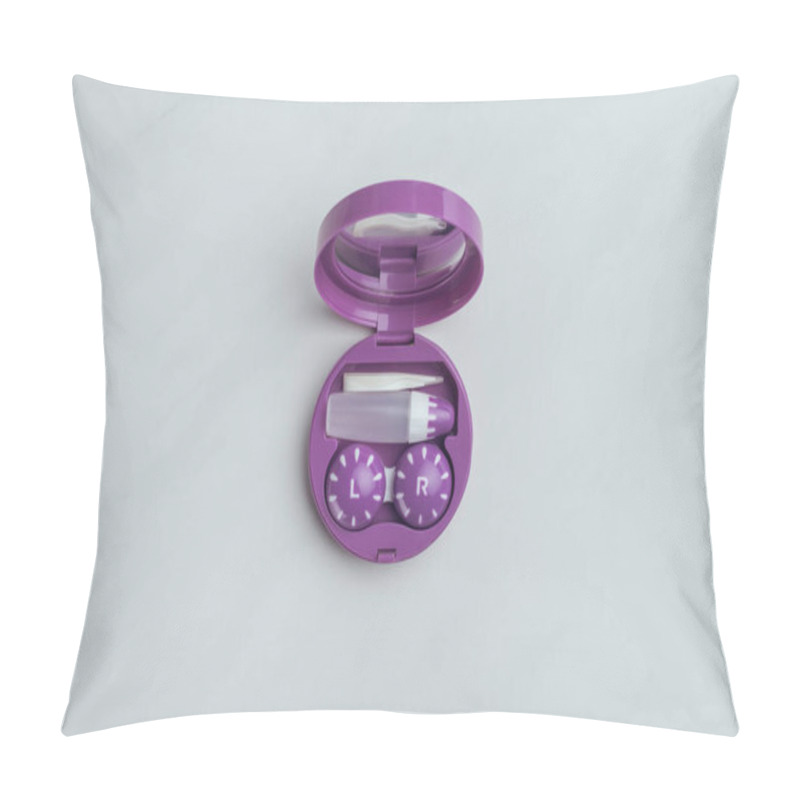 Personality  Top View Of Purple Container With Contact Lenses And Its Storage Equipment On White Tabletop Pillow Covers