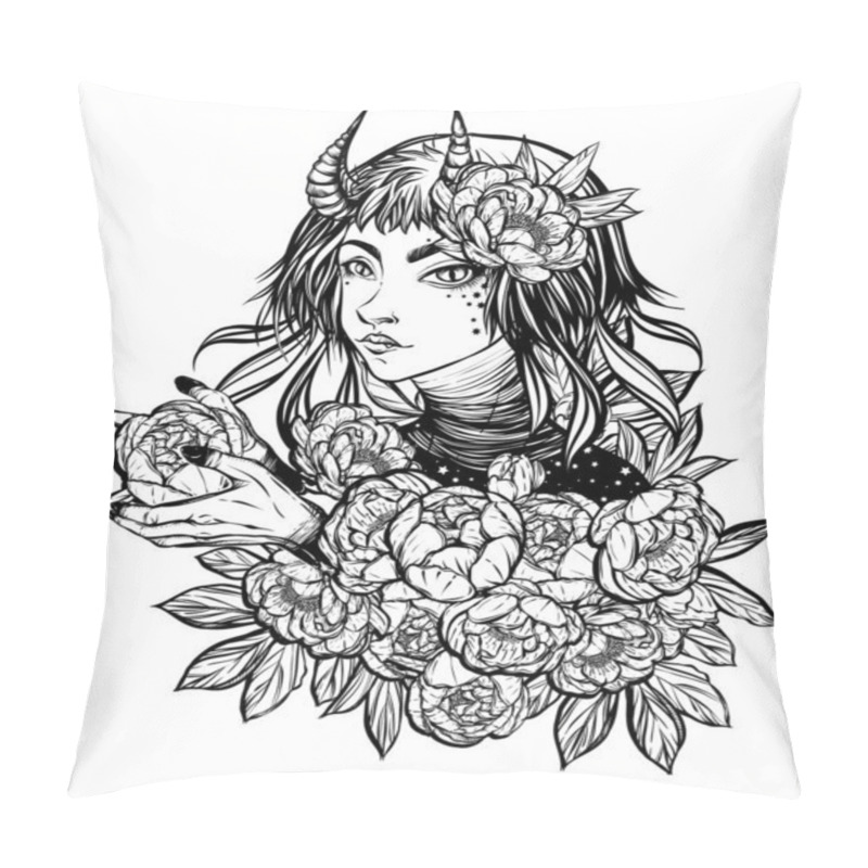 Personality  Demon.Vector Illustration.Girl With Horns. Peonies In The Hands. Bouquet Of Peonies, Prints On T-shirts, Tattoos, Background White. Handmade Pillow Covers