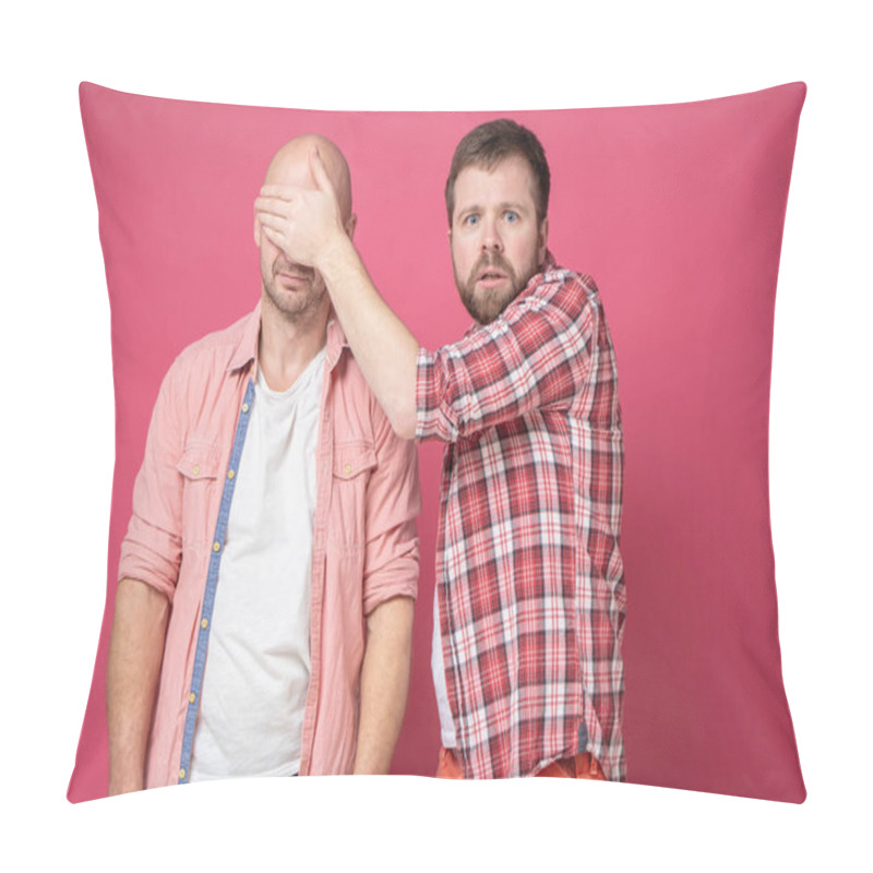 Personality  Excited Bearded Man Holds Hand In Over Of His Friend Eyes And Looks Frightened At The Camera. Pillow Covers