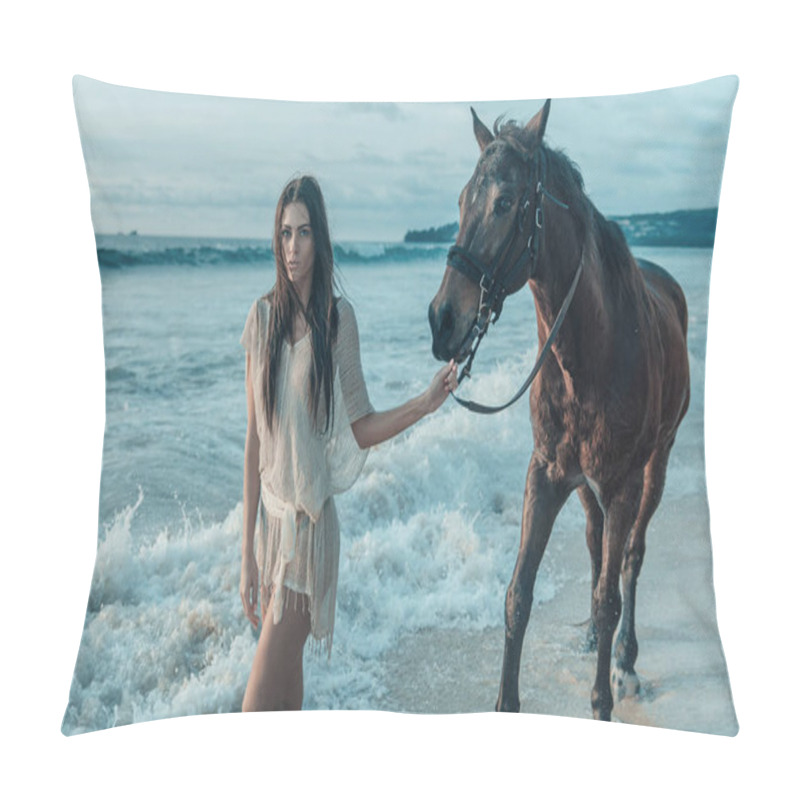 Personality  Brunette Lady Walking With A Horse Pillow Covers