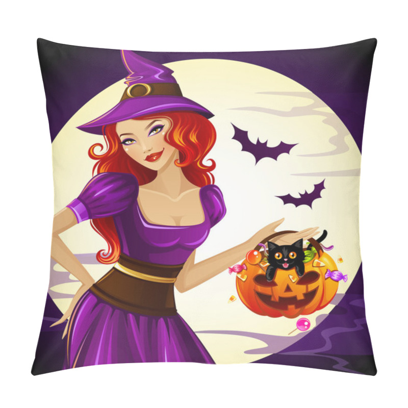 Personality  Witch With Pumpkin Bag And Cat Pillow Covers