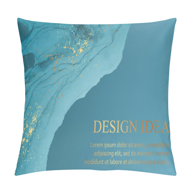 Personality  Modern Abstract Luxury Background Design Or Card Template For Birthday Greeting Or Wallpaper Or Poster With Blue Watercolor Wave Or Fluid Art In Alcohol Ink Style With Golden Splashes. Pillow Covers