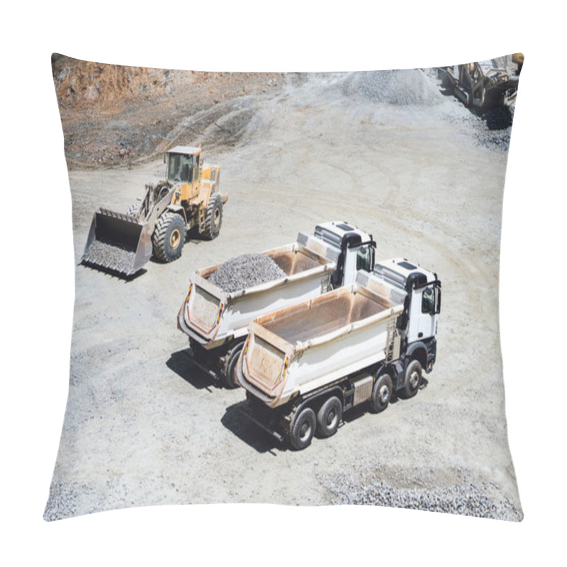 Personality  Wheel Loader Working On Site And Loading Dumper Trucks. Heavy Duty Machinery Working On Construction Site Pillow Covers