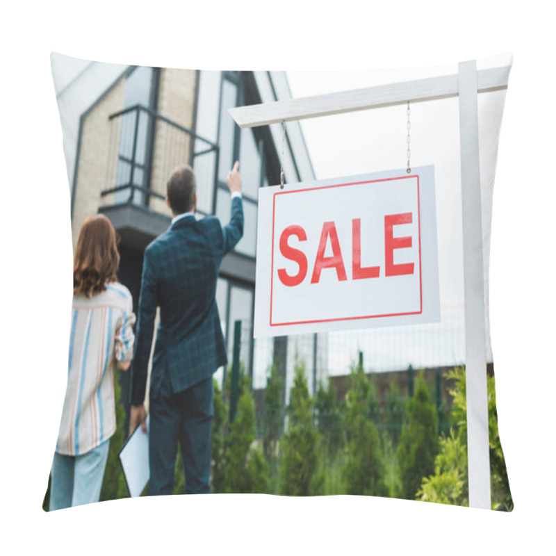 Personality  Back View Of Broker Pointing With Finger At House While Standing Near Woman  Pillow Covers