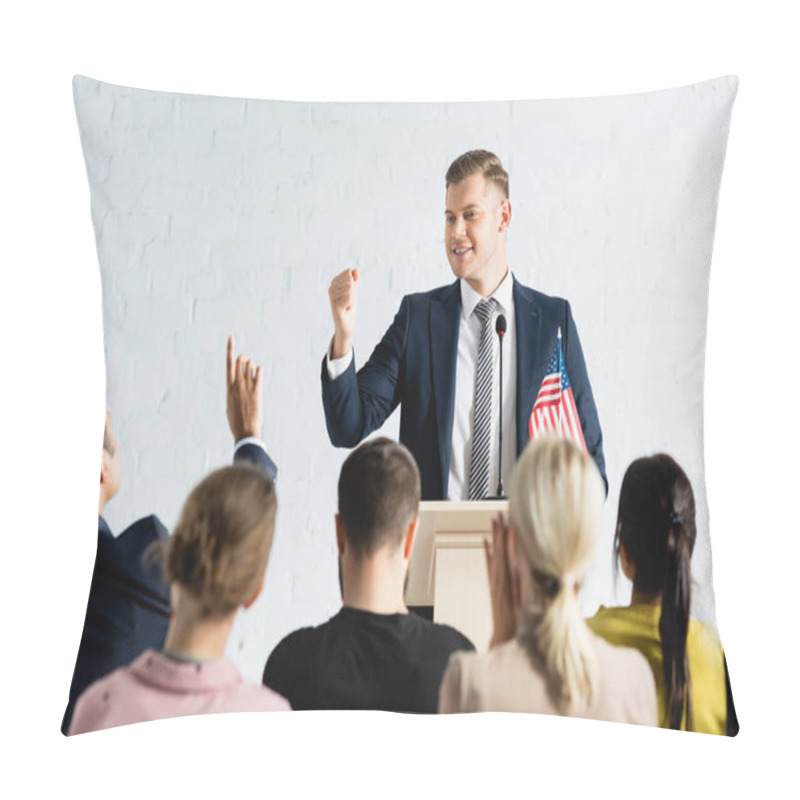 Personality  Smiling Political Agitator Showing Win Gesture In Front Of Voters In Conference Hall Pillow Covers