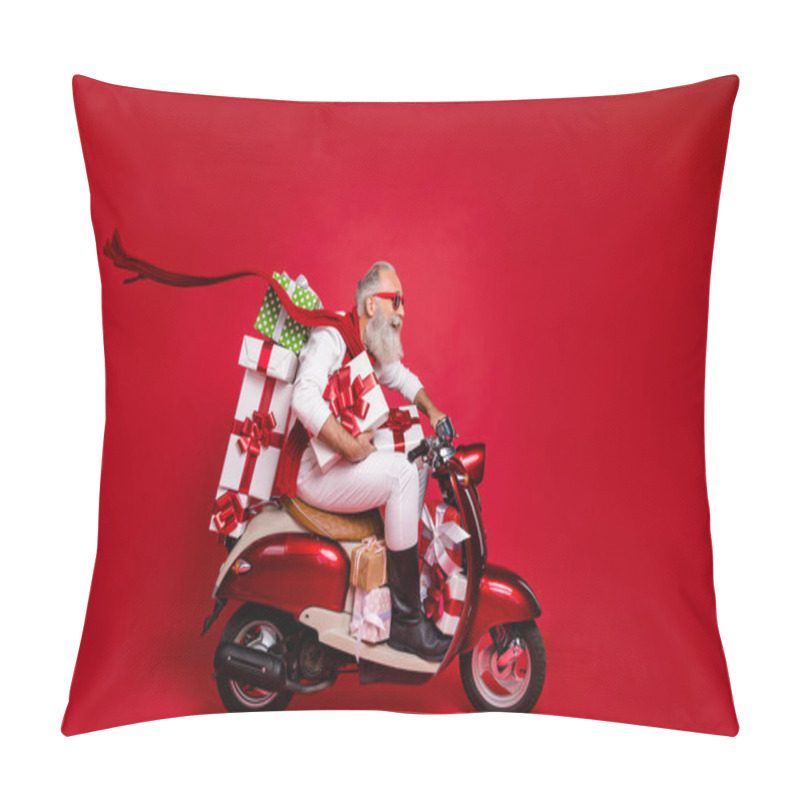 Personality  Profile Side View Of His He Nice Attractive Stylish Cheerful Cheery Gray-haired Man Riding Driving Bike Delivering Shop Sale Discount Boxes Isolated Over Bright Vivid Shine Red Background Pillow Covers