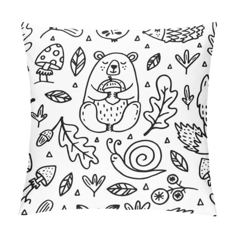 Personality  Vector Seamless Pattern With  Cute Autumn Cartoon Characters, Plants And Fruits. Fall Season. Forest Animals. Collection Of Doodle Outline  Elements For Coloring Book, Children Design. Pillow Covers