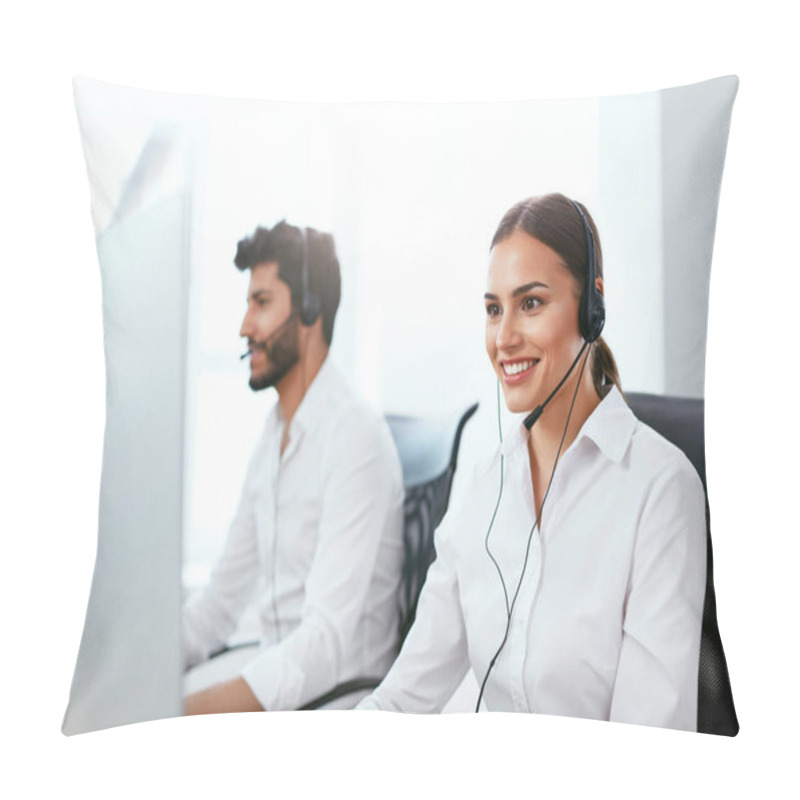 Personality  Online Support Center Operator Consulting Client Online. Attractive Woman Serving Customer On Hotline. High Resolution Pillow Covers