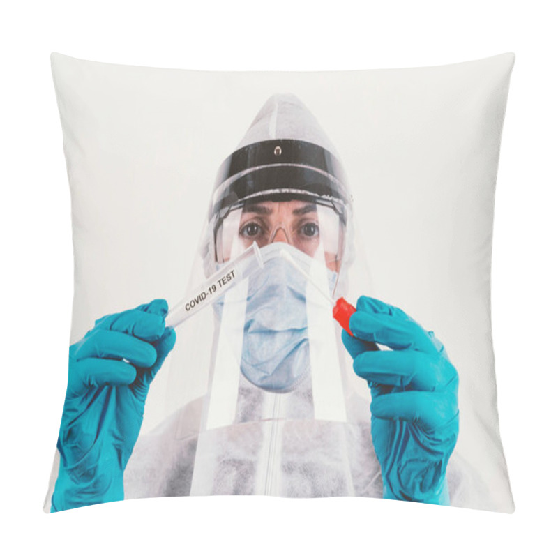 Personality  Corona Virus Pandemic Concept: Laboratory Scientist With Blue Mask, Medical Hygienic Protection Gloves And Glasses Holding An Empty Test Tube And Stick For COVID-19 Testing.  Pillow Covers