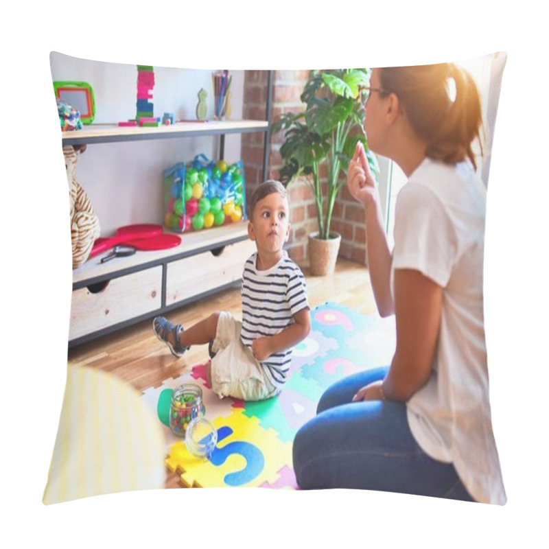 Personality  Beautiful Teacher And Toddler Boy Sitting Eating Small Chocolate Balls At Kindergar Pillow Covers