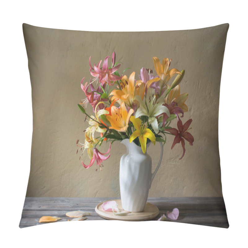 Personality  Beautiful Lily In White Jug On Wooden Table Pillow Covers