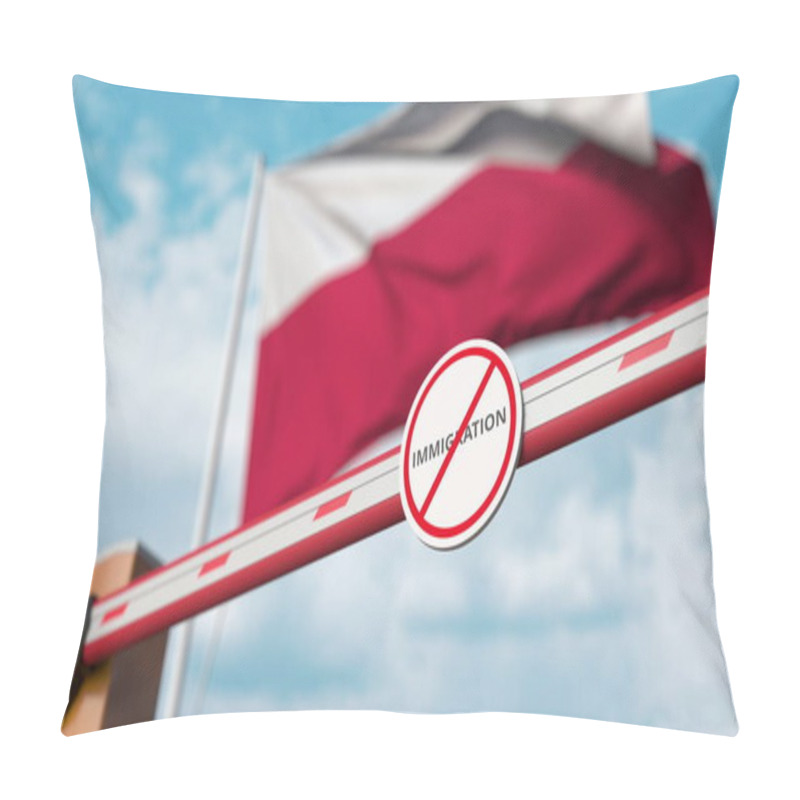 Personality  Closed Boom Gate With No Immigration Sign On The Polish Flag Background. Border Closure Or Immigration Ban In Poland. 3D Rendering Pillow Covers