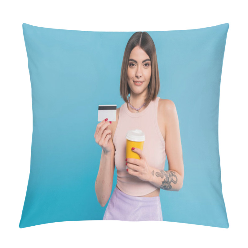 Personality  To Go Coffee, Happy Young Woman With Short Hair, Tattoos And Nose Piercing Holding Paper Cup And Credit Card On Blue Background, Generation Z, Summer Trends, Attractive, Coffee Culture  Pillow Covers