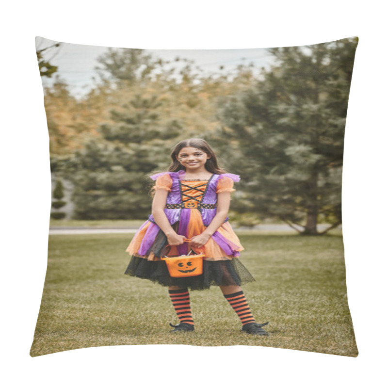 Personality  Cute Child In Halloween Costume Standing With Bucket Of Sweet Candies On Green Grass, Girl In Dress Pillow Covers