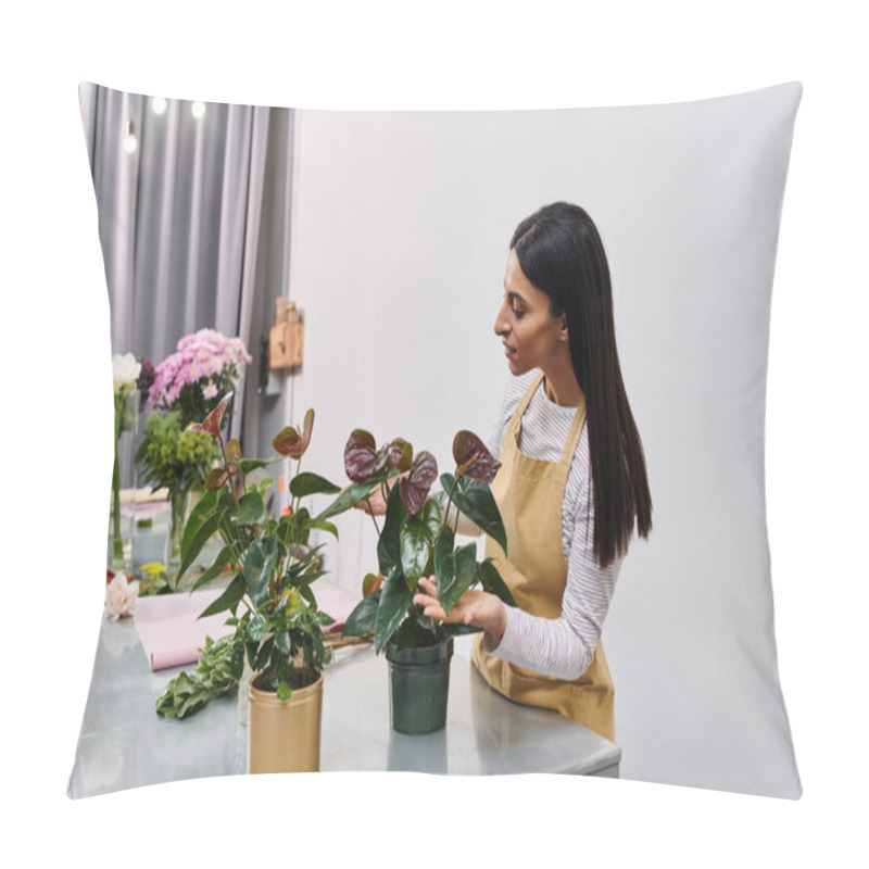 Personality  Beautiful Brunette Woman Tending To Plants In Her Charming Flower Shop On A Sunny Day. Pillow Covers