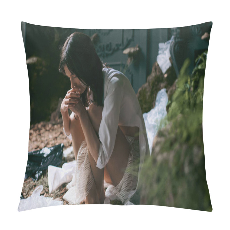 Personality  Woman In White Shirt And Lace Skirt Sits In Swamp Surrounded By Plastic Waste. Pillow Covers