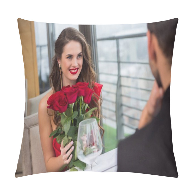 Personality  Smiling Woman With Bouquet Of Roses During Romantic Date With Boyfriend In Restaurant, St Valentine Day Pillow Covers