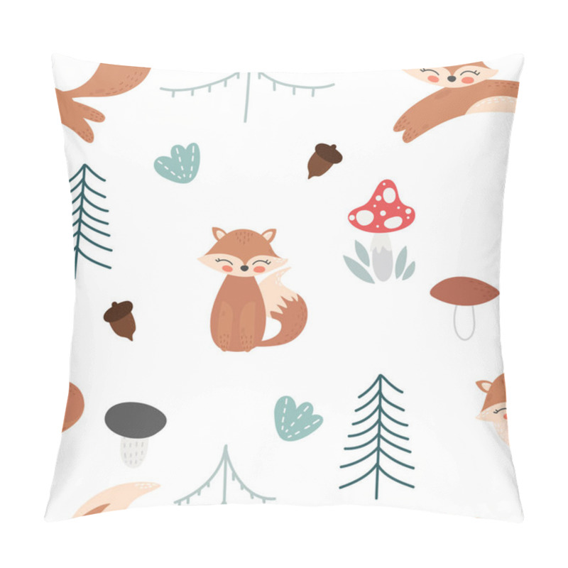 Personality  Cute Cartoon Fox Seamless Pattern. Fox, Trees, Acorns And Toadstool Vector Illustration. Pillow Covers