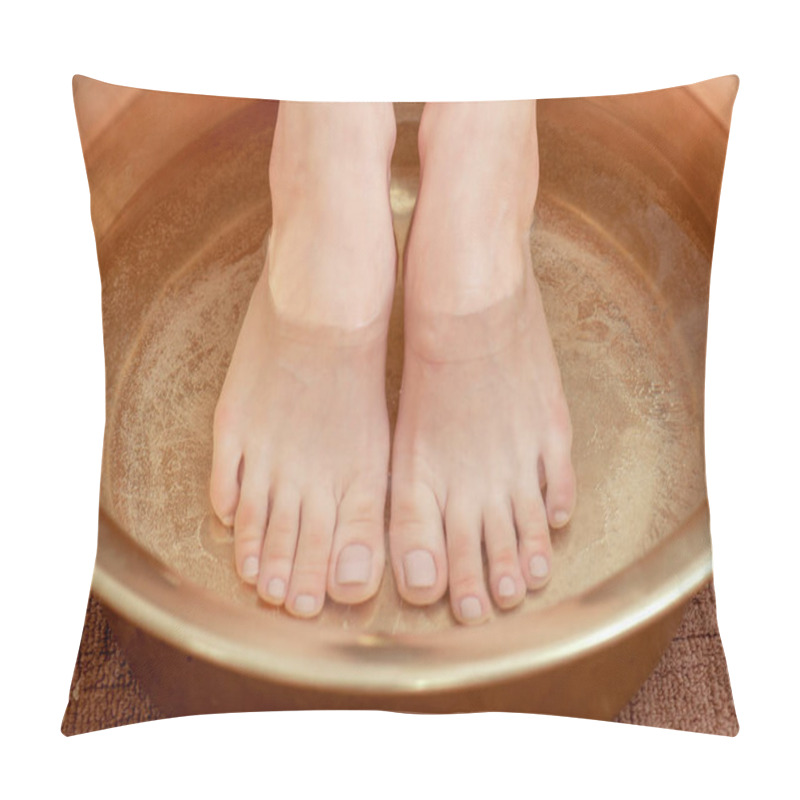 Personality  Feet Of Woman In Bowl With Water Close Up. Pillow Covers