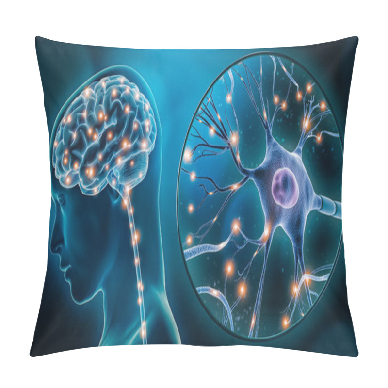 Personality  Human Brain Stimulation Or Activity With Neuron Close-up 3D Rendering Illustration. Neurology, Cognition, Neuronal Network, Psychology, Neuroscience Scientific Concepts. Pillow Covers