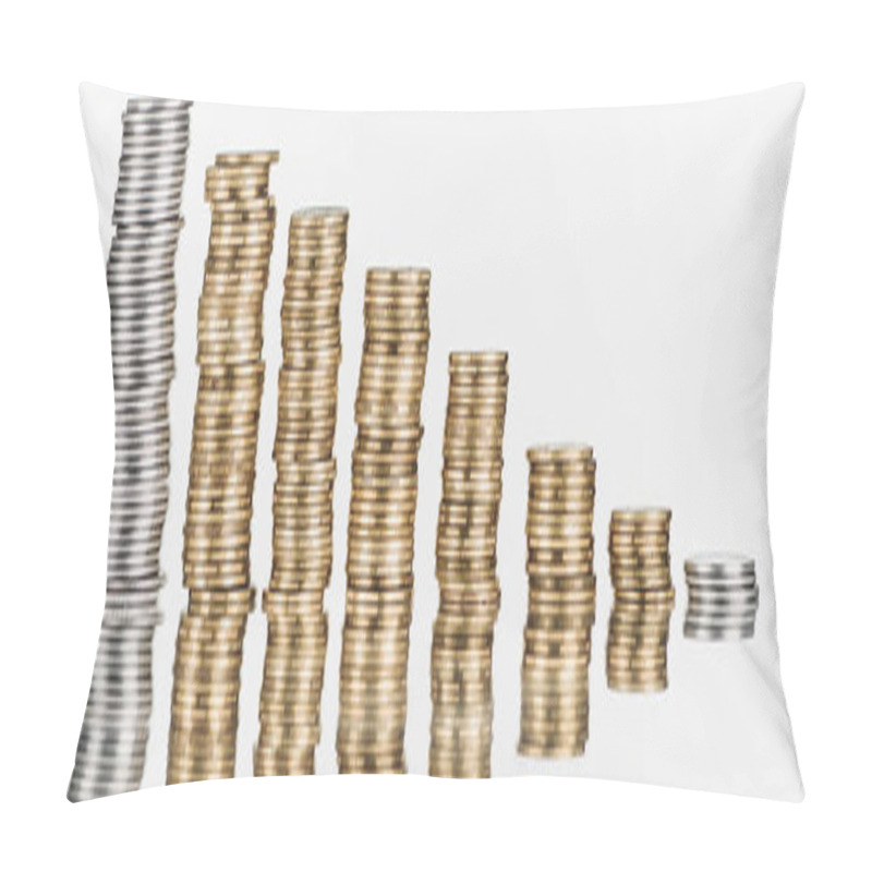 Personality  Panoramic Shot Of Stacked Silver And Golden Coins On Surface With Reflection Isolated On White Pillow Covers