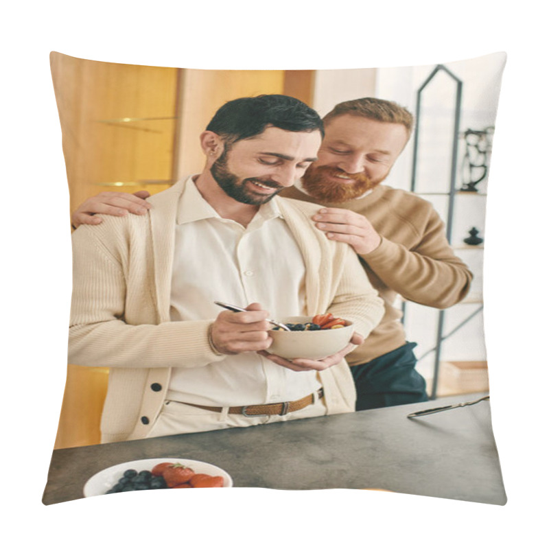 Personality  Happy Gay Couple Sharing A Meal In A Modern Kitchen, Spending Quality Time Together Over Breakfast. Pillow Covers