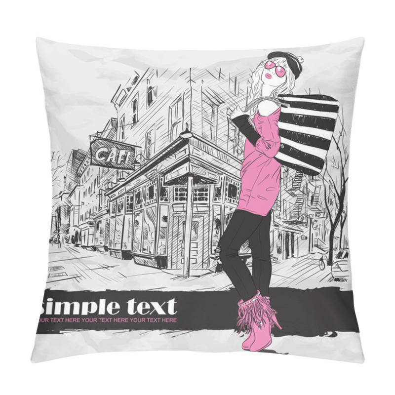 Personality  Sexy Fashion Girl In Sketch Style On A Street-cafe Background. Vector Illustrator. Pillow Covers