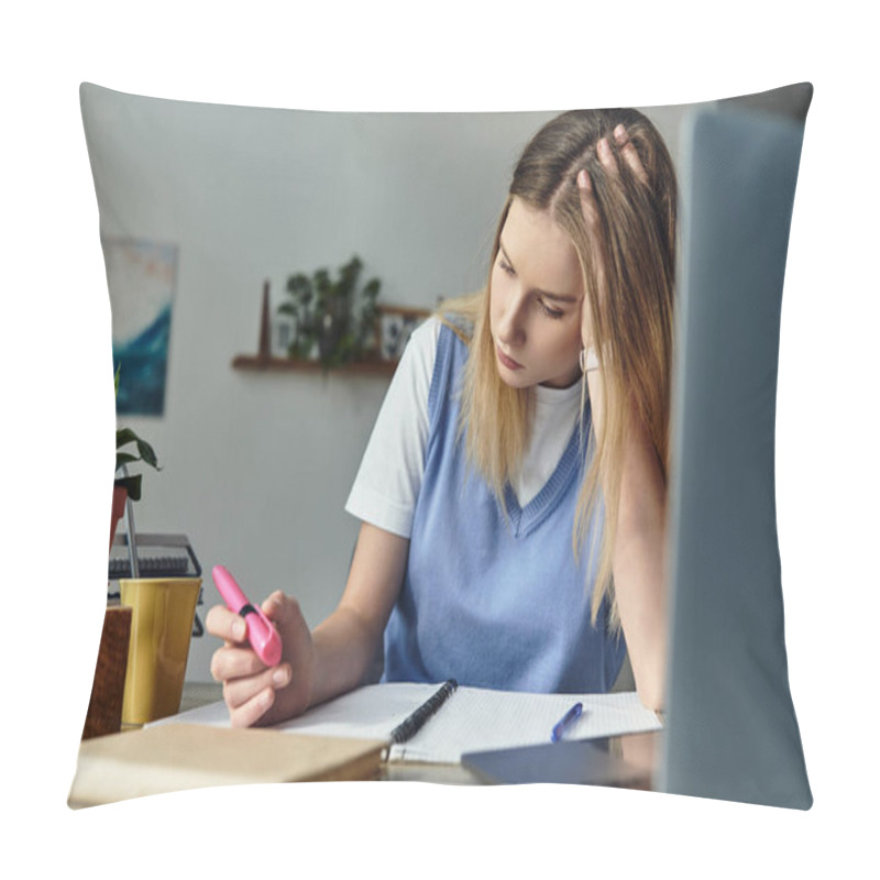 Personality  A Young Girl Engages In Her Studies While Immersed In A Peaceful Home Environment. Pillow Covers