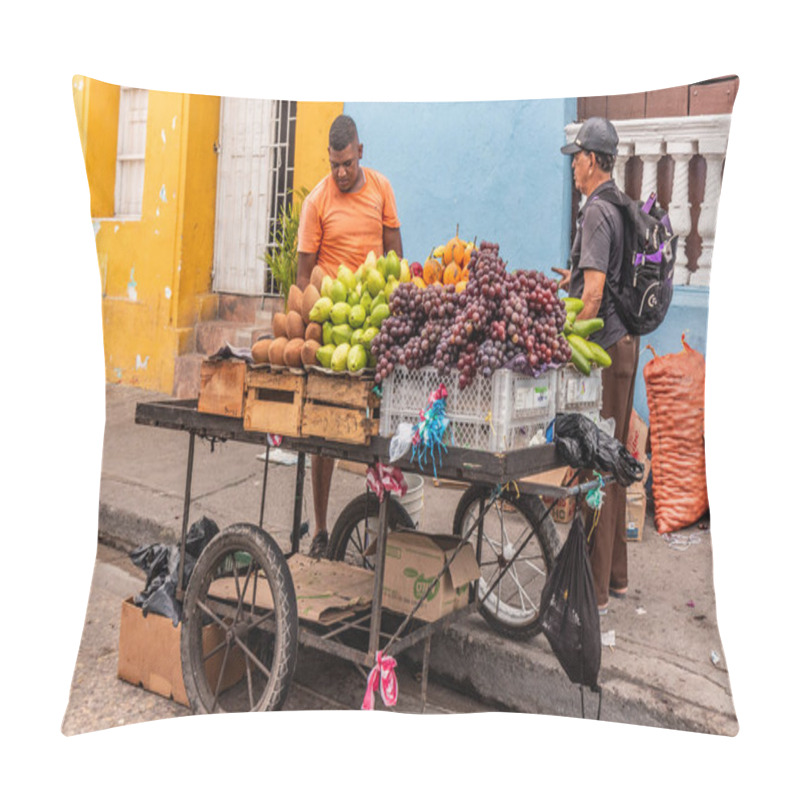 Personality  CARTAGENA, COLOMBIA - MARCH 6, 2023: Fruit Seller In Getsemani Neighborhood Of Cartagena De Indias, Colombia Pillow Covers