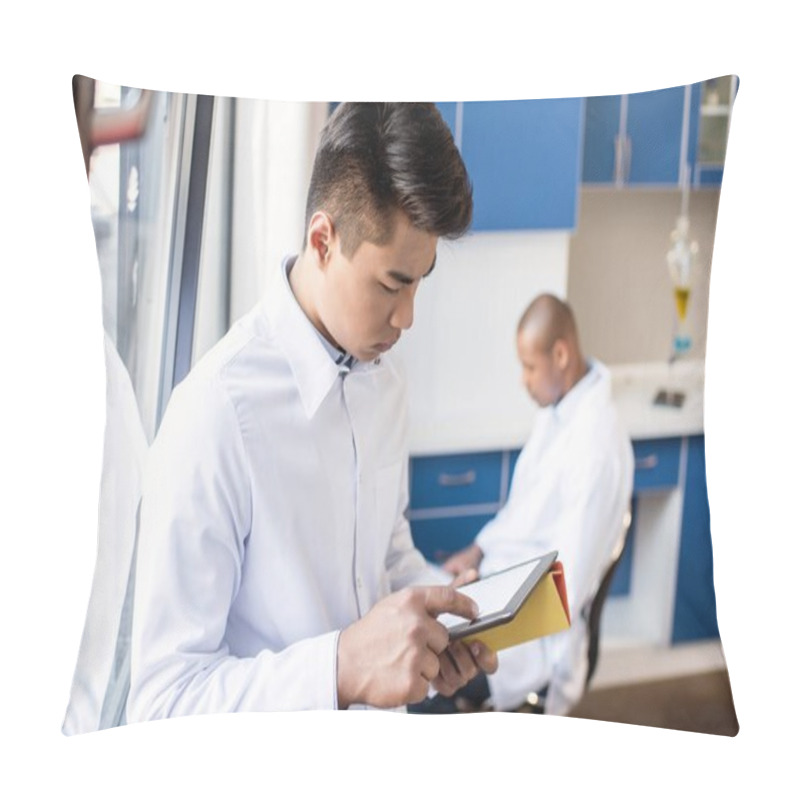 Personality  Lab Technician Using Digital Tablet Pillow Covers