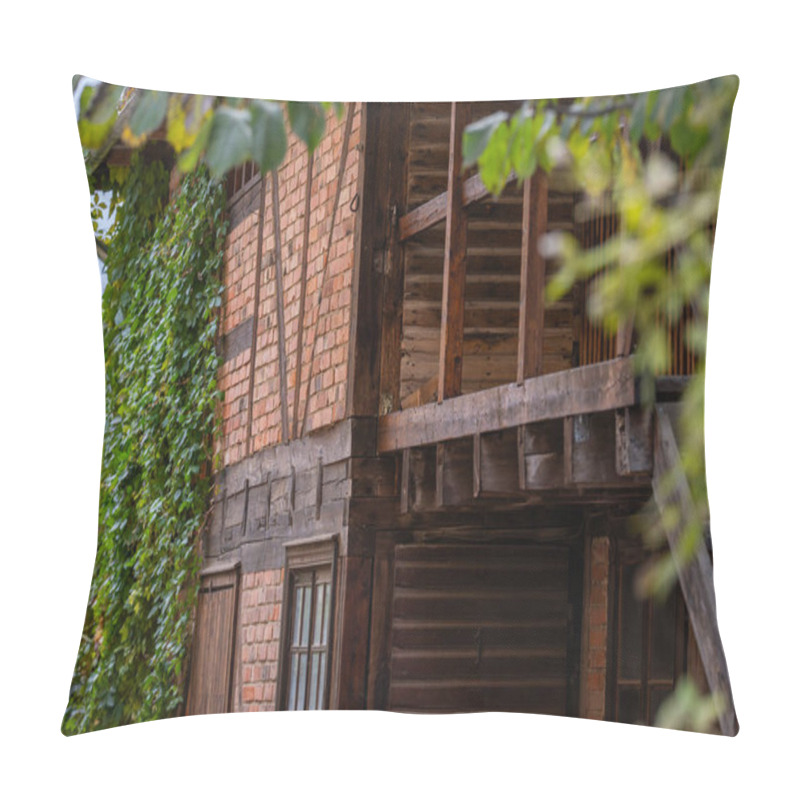 Personality  Half-timbered Wall With Red Brick And Brown Wooden Beams. Facade Of An Old Timber Framing Farm Building In Autumn. Pillow Covers