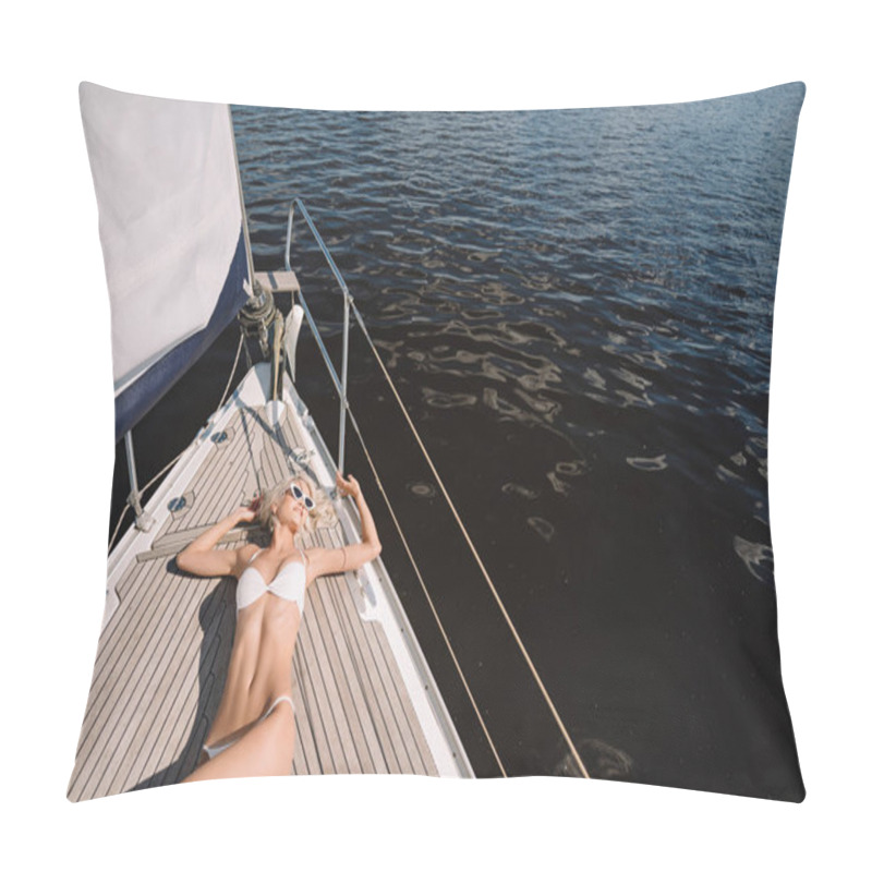 Personality  High Angle View Of Attractive Young Woman In Swimwear Having Sunbath On Yacht Pillow Covers