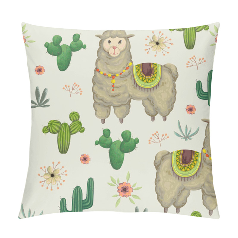 Personality  Seamless Pattern With Lama Animal, Cacti And Floral Elements. Hand Drawn Vector Illustration In Watercolor Style. Pillow Covers