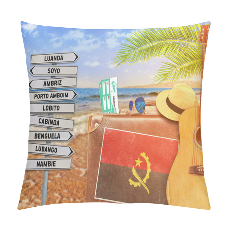 Personality  Concept Of Summer Traveling With Old Suitcase And Angola Town Sign With Burning Sun Pillow Covers