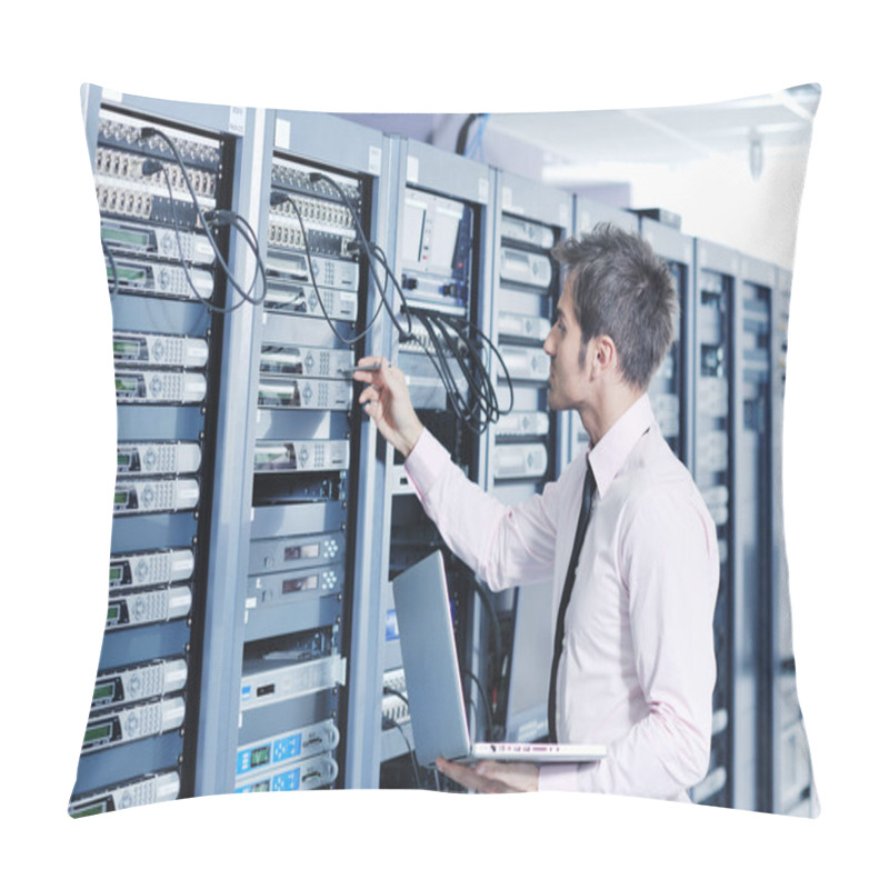 Personality  Businessman With Laptop In Network Server Room Pillow Covers