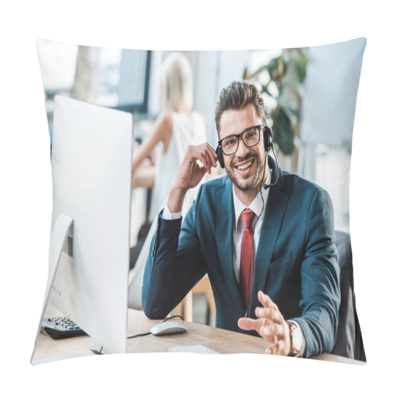 Personality  Selective Focus Of Happy Businessman In Headset Gesturing While Smiling In Office  Pillow Covers