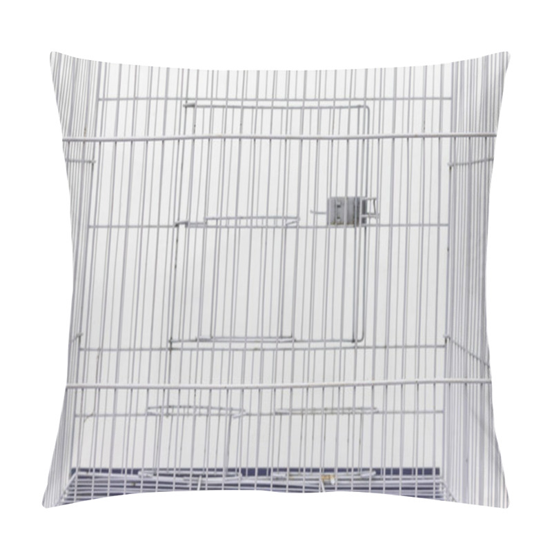 Personality  Empty Bird Cage With Metal Bars In Close-up View. Selective Focus With Blurred White Background. Pillow Covers