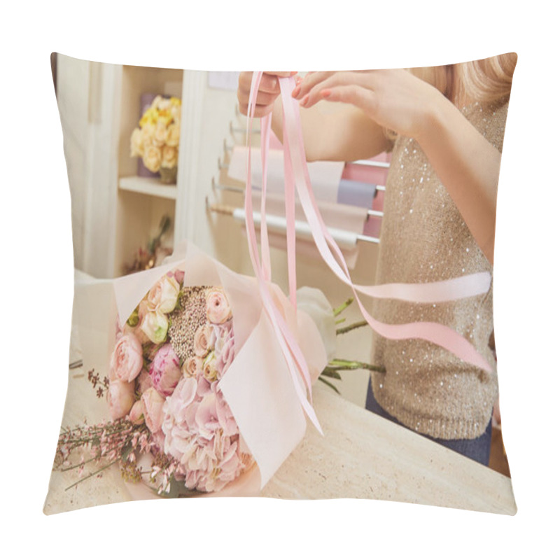 Personality  Partial View Of Florist Tying Ribbons On Bouquet Of Roses And Peonies  Pillow Covers