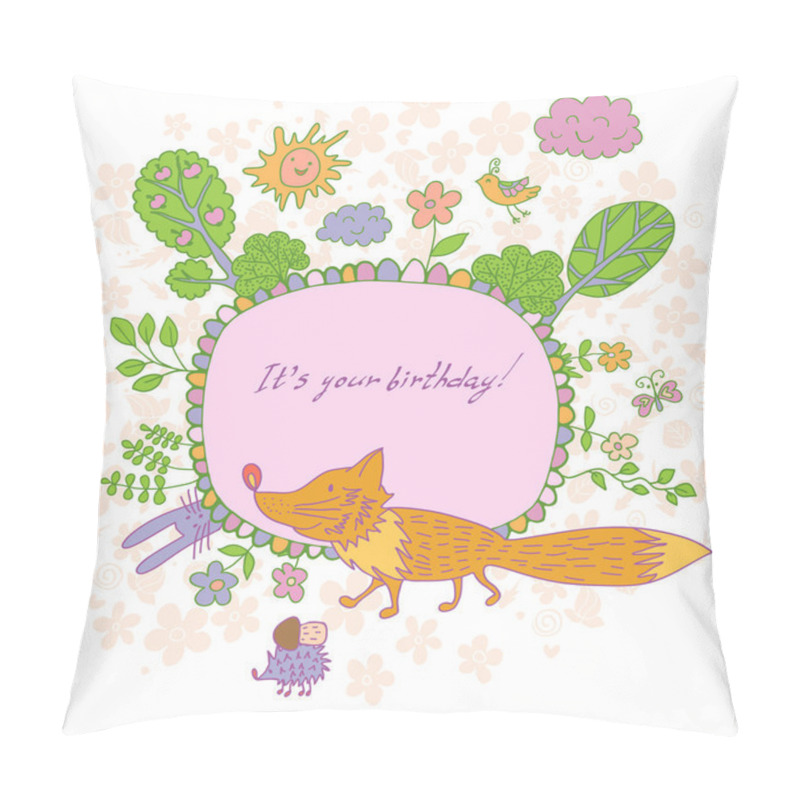 Personality  Stylish Cartoon Card Made Of Cute Flowers, Doodled Fox, Trees, B Pillow Covers