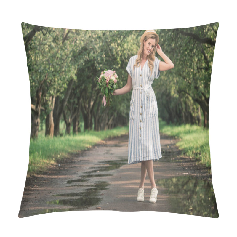 Personality  Beautiful Stylish Woman With Bouquet Of Flowers Standing On Path In Orchard Pillow Covers