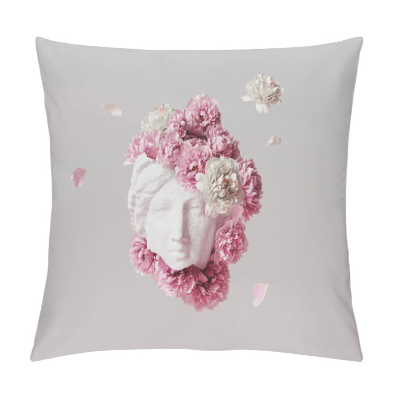 Personality  3D Ancient Woman Statue, White Broken Stone. Greek,roman  Goodness Style. Head Sculpture Pink Flowers Bouquet On Gray Background. Nature, Peonies, Falling Petals. Feminine Beauty  Abstract 3D Render. Pillow Covers