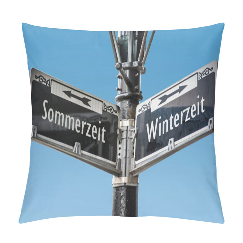 Personality  An Image With A Signpost In German Pointing Towards Winter Time. Pillow Covers