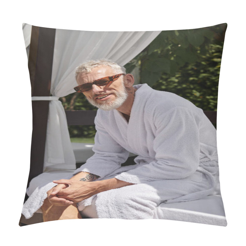 Personality  Happy Middle Aged Man In Sunglasses And Robe Resting In Private Pavilion, Wellness Retreat In Resort Pillow Covers